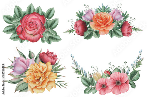 Hand painted watercolor charming combination of Flowers and Leaves, isolated on white background.