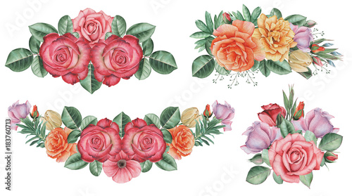 Hand painted watercolor charming combination of Flowers and Leaves  isolated on white background.