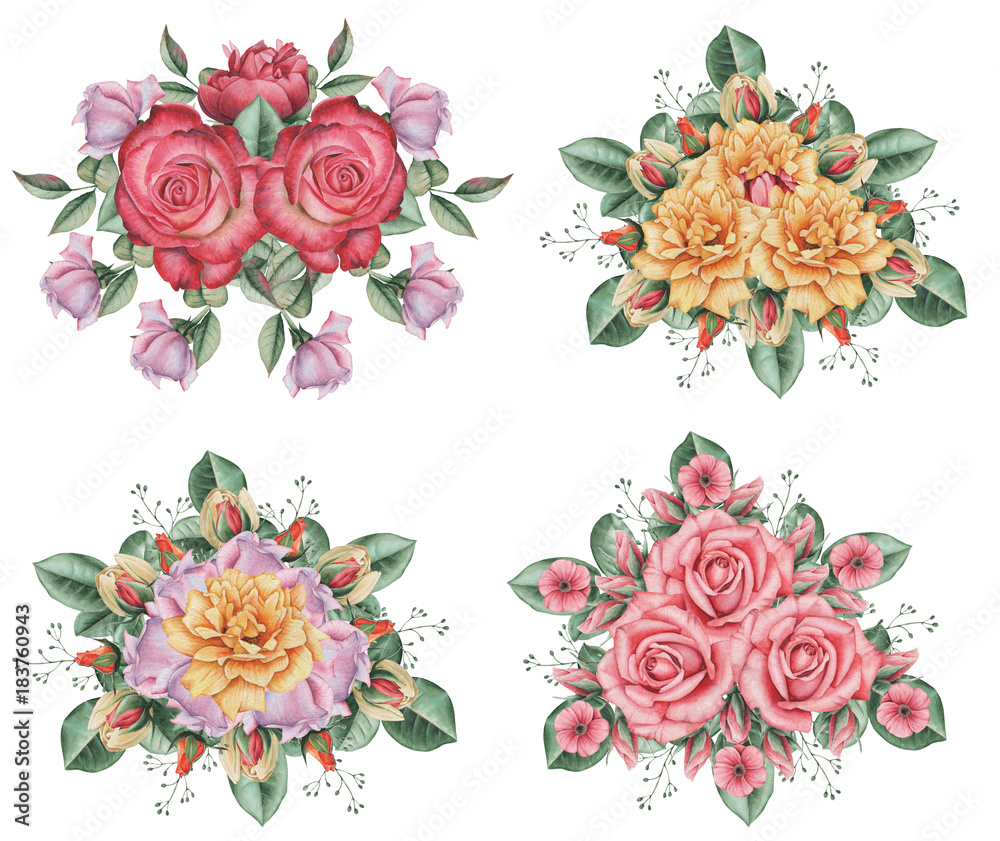 Hand painted watercolor charming combination of Flowers and Leaves, isolated on white background. Hand painted watercolor charming combination of Flowers and Leaves, isolated on white background.