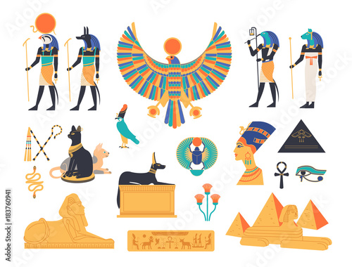 Ancient Egypt collection - gods, deities and mythological creatures from Egyptian mythology and religion, sacred animals, symbols, architecture and sculpture. Colored flat cartoon vector illustration.
