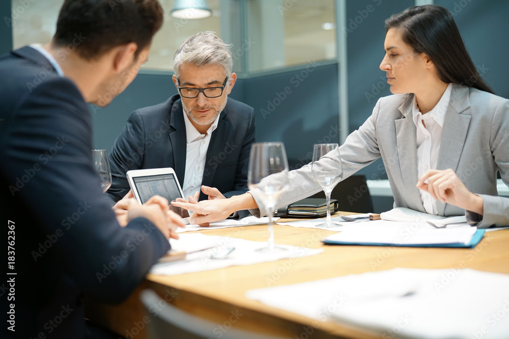 Fototapeta premium Executive people doing business report presentation in restaurant