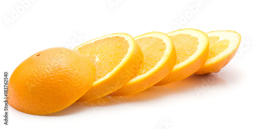 One sliced orange isolated on white background five slices. photo