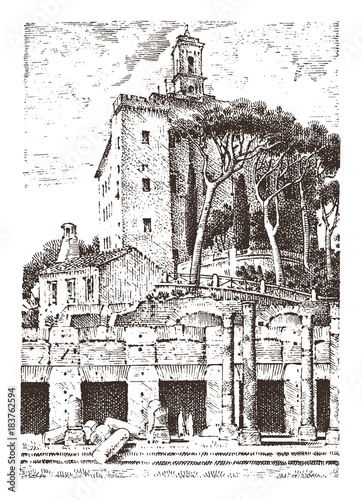 government building, ruins in Italy. Roman forum. capitol palace. ancient or antique architecture. engraved hand drawn in old sketch, vintage style for vacation tour.