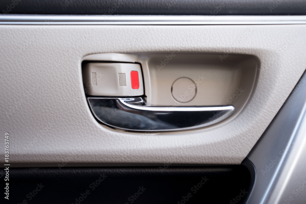 Interior of car door handle. Interior auto car detail.