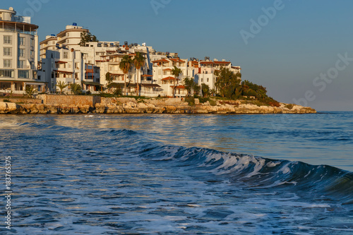 Fototapeta Naklejka Na Ścianę i Meble -  View if hotels in Mediterranean with waves