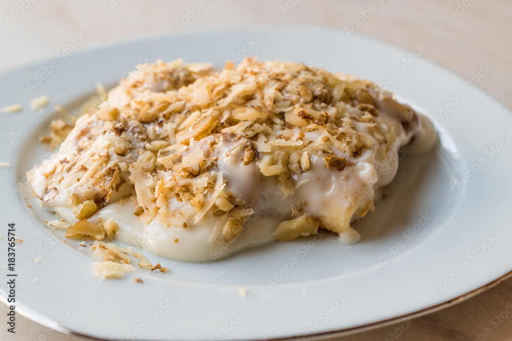Turkish Muhallebi Pudding with Walnut, Banana and Ladyfinger Biscuits