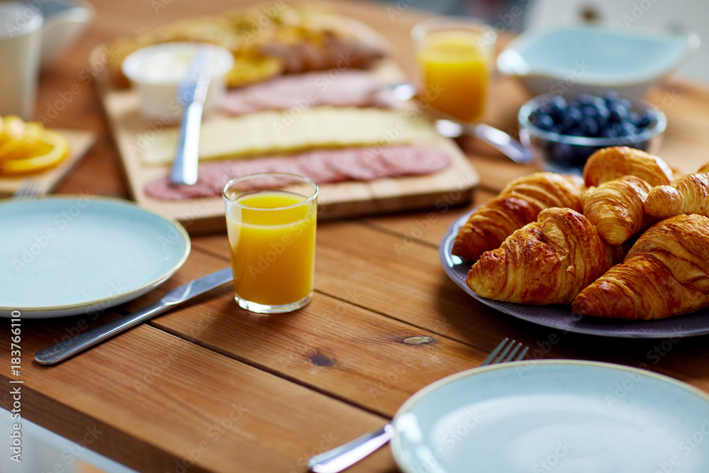 plate of croissants on wooden table at breakfast plate of croissants on wooden table at breakfast