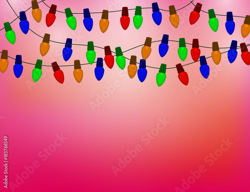 String of Color christmas light bulbs on red Background.