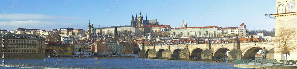 A panoramic view of the Prague Castle, Vltava river and the Charles Bridge. Unidentified tourists admiring the famous city