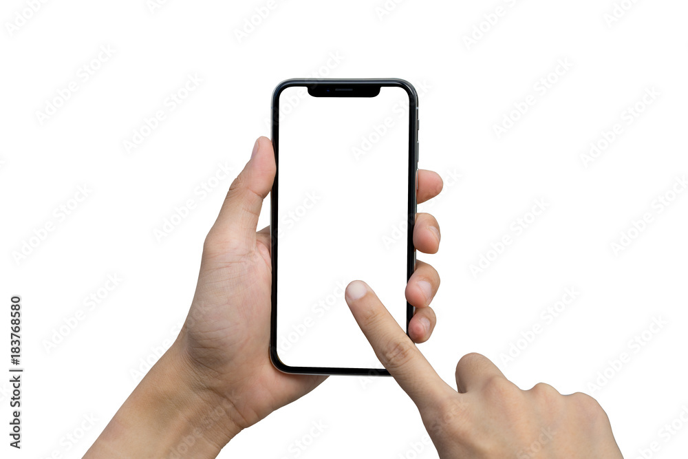 Man's hand shows mobile smartphone with white screen in vertical position isolated on white background - obrazy, fototapety, plakaty 