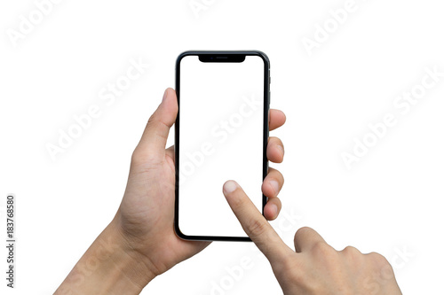 Man's hand shows mobile smartphone with white screen in vertical position isolated on white background