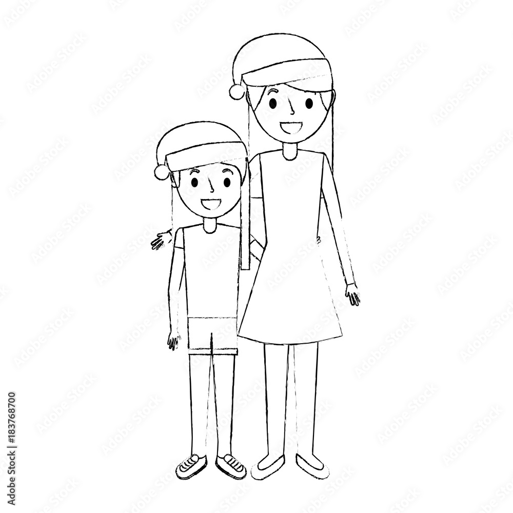 mom embracing her daughter wearing christmas hat vector illustration sketch mom embracing her daughter wearing christmas hat vector illustration sketch