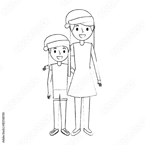 mom embracing her daughter wearing christmas hat vector illustration sketch