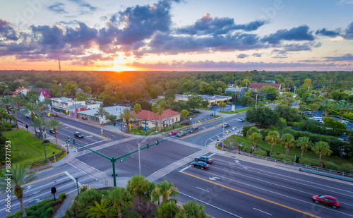 An overhead view of an intersection at sunset