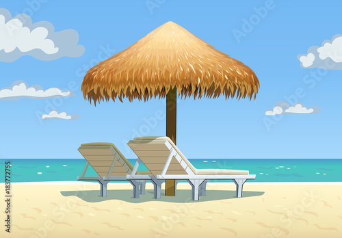 Ocean beach with umbrella and bed. Vector illustration. photo