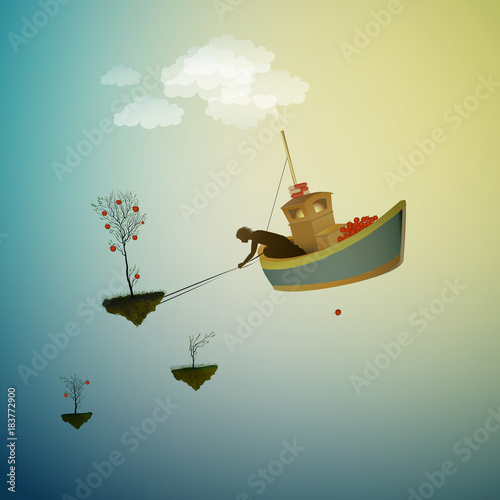 wonderland harvest, time to harvest the magic apple, magic ship in the dreamland, scene from wonderland,