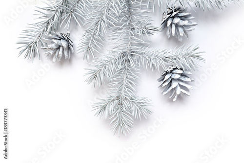 Mockup Christmas frame white tree branches border over white wooden background, with space for your text