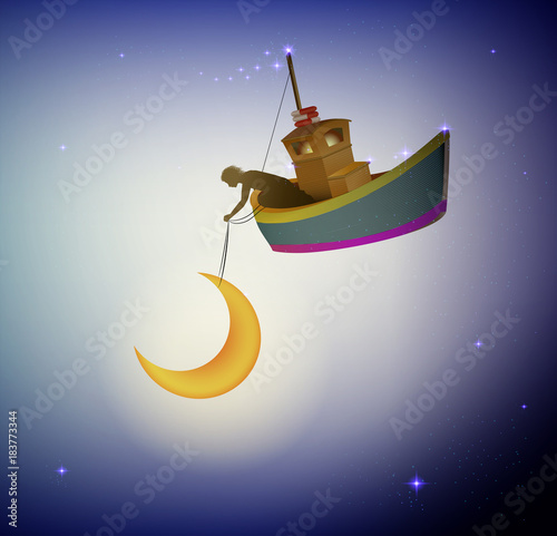 fairy boy holding the moon on the fairy boat, fairy dreamland sailor on the heavens, wonderland night worker,