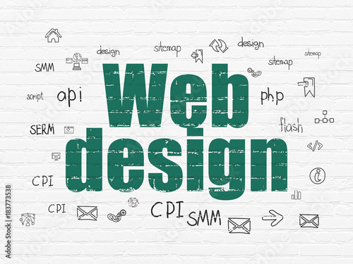 Web design concept  Painted green text Web Design on White Brick wall background with  Hand Drawn Site Development Icons