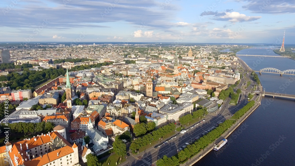 Aerial view of Riga skyline at sunset, Latvia