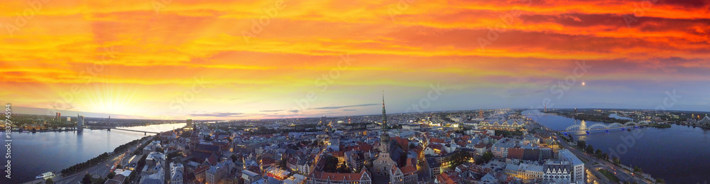Sunset over Riga, Latvia. Aerial view in summer season