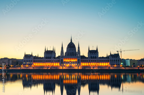 Morning view of illuminated Parliament building in Budapest, Hungary