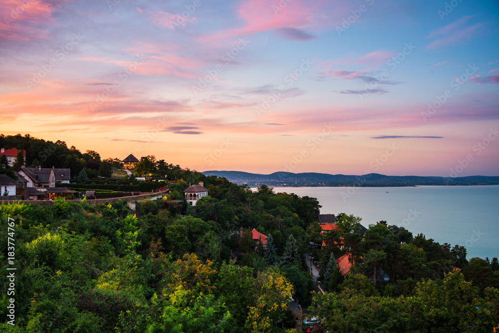 Sunset over Tihany touristic village in Hungary located on Balaton lake