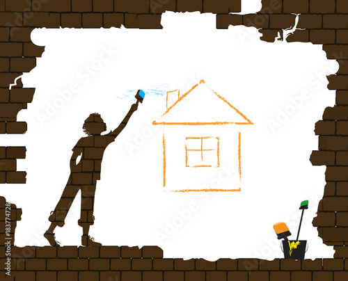 boy draws the house by paint brash on the old broken brick wall, protect homeless children concept, home dream idea, graffiti,