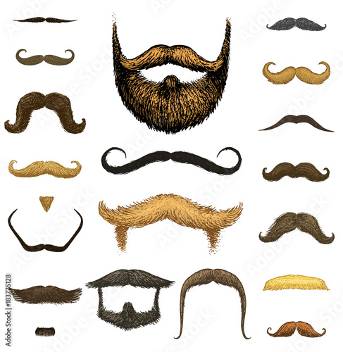 Set of mustache and funny beard of men, hipster and retro barber or hairdresser on transparent background. engraved hand drawn in old sketch, vintage style for packaging and signage.