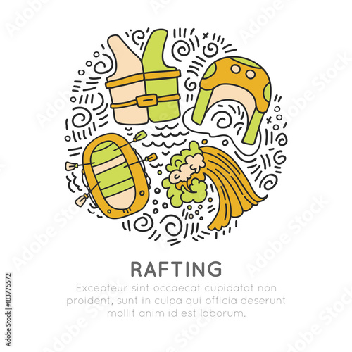 Rafting sketch illustration with rafting boat and people with oars. Vector icon set about water rafting outdoor activities in circle form with decorations. Live vest, shelm, rafting boat and wave
