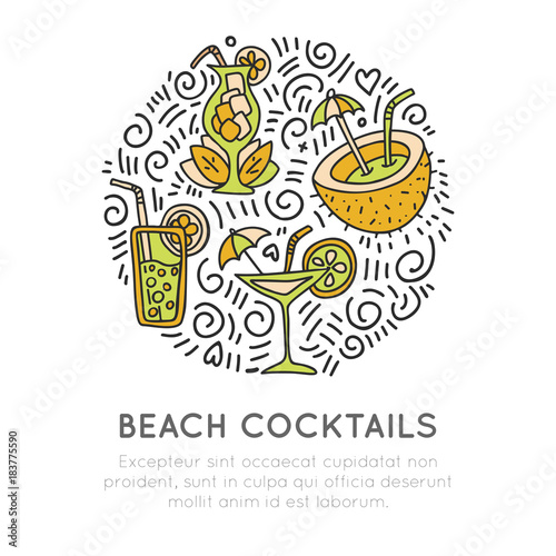 Tropical beach cocktails icon concept. Coconut coctail  sweet juice cocktail and martini glass in round form with decoration. Beach summer icon illustration. Good for traveling banner  site