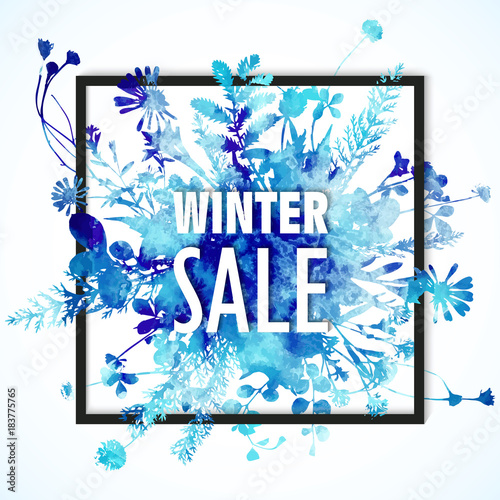 Winter sale banner with blue watercolor bouquet - leaves and flowers on banner border with winter sale words. Minimalistic seasonal winter banner, blue colors. Winter sale hand draw element