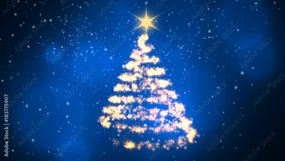  Loopable animation — Christmas Tree Blue Background - Merry Christmas and Happy New Year. The tree rotating and snowgoing.