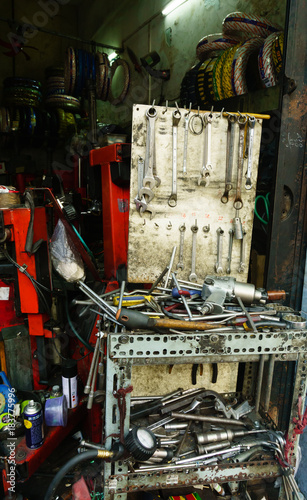 Ho Chi Minh, Vietnam - November 20, 2017: Motorcycle repair tools in the street Saigon – culture street in Saigon.