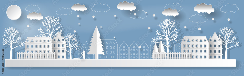 Views on winter stree. Merry Christmas and New Year background . Art paper and crafts