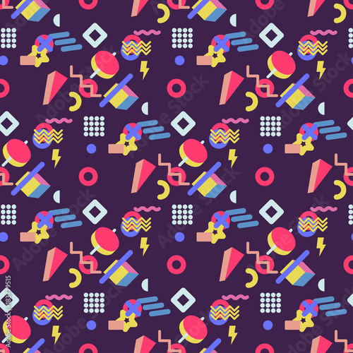 Abstract seamless vector pattern for girls, boys, clothes. Creative background with dots, geometric figures Funny wallpaper for textile and fabric. Fashion style. Colorful bright