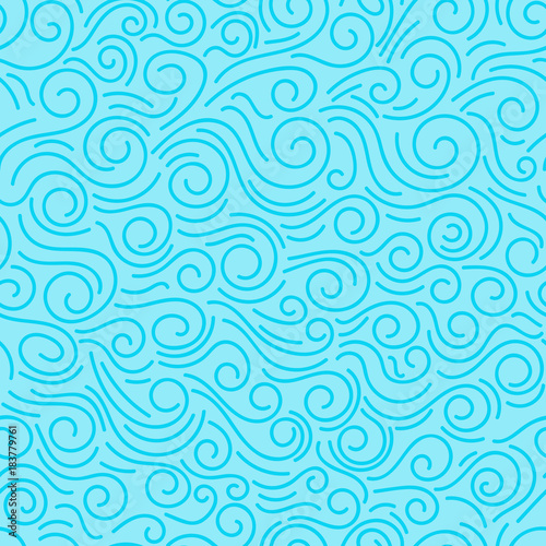 Abstract blue hand drawn doodle thin line wavy seamless pattern. Curly linear sky or sea messy background. Vector illustration.