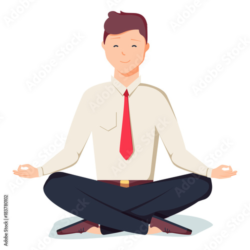 Business man sitting in the padmasana lotus pose. Office worker meditating, relaxing or doing yoga after stress