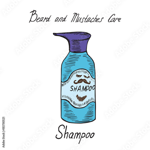 Beard and mustaches care shampoo blue bottle with inscription, hand drawn doodle sketch, isolated vector illustration