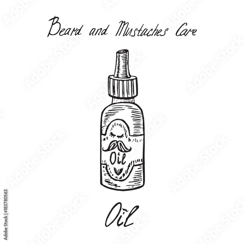 Beard and mustaches care oil bottle with inscription, hand drawn doodle sketch, isolated vector illustration