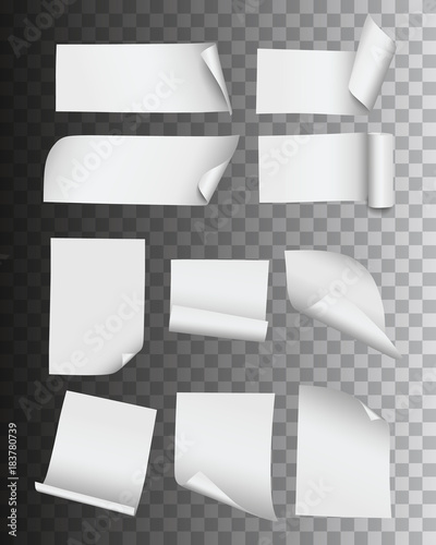 Vector collection of realistic folded empty paper pages and labels isolated on transparent background