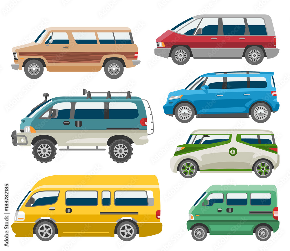 Minivan car vector van auto vehicle family minibus vehicle and automobile banner isolated citycar set on white background illustration