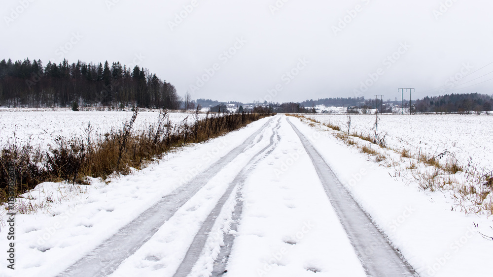 Obraz premium Winter road through snow fields