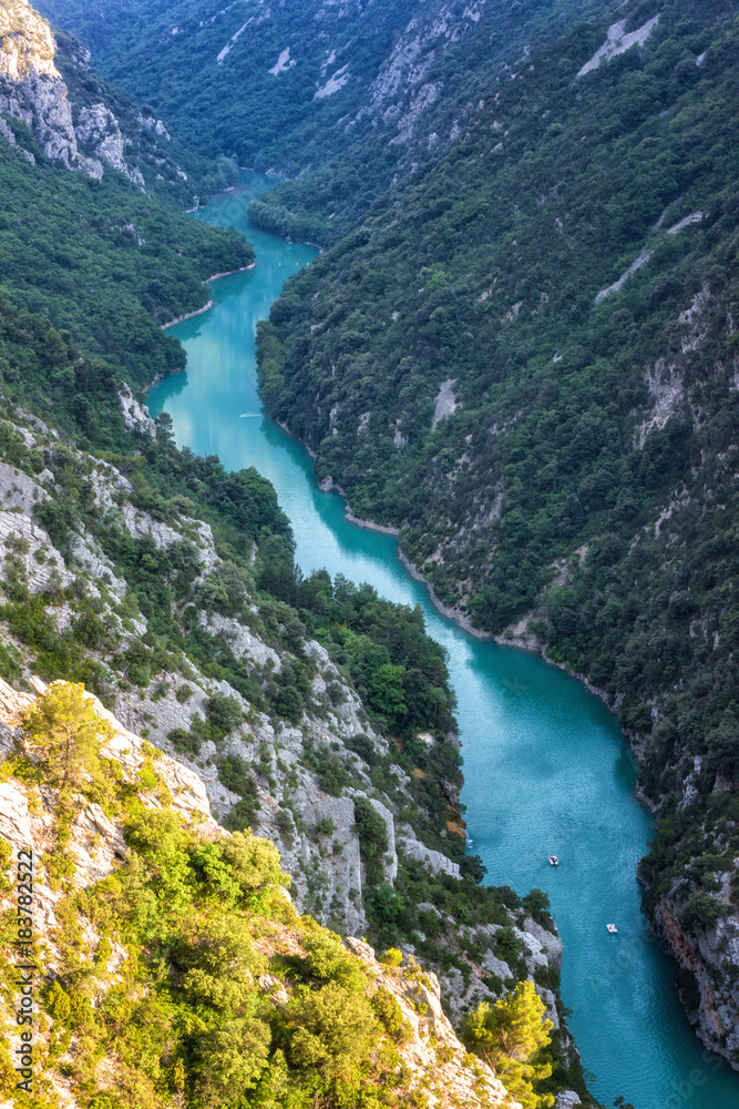 Verdon Gorge (Gorges du Verdon), amazing landscape of the famous canyon with winding turquoise-green colour river and high limestone rocks in French Alps, Provence, France, vertical image Verdon Gorge (Gorges du Verdon), amazing landscape of the famous canyon with winding turquoise-green colour river and high limestone rocks in French Alps, Provence, France, vertical image