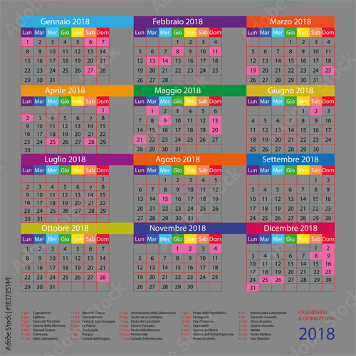 calendario italiano con giorni festivi per il 2018 photo