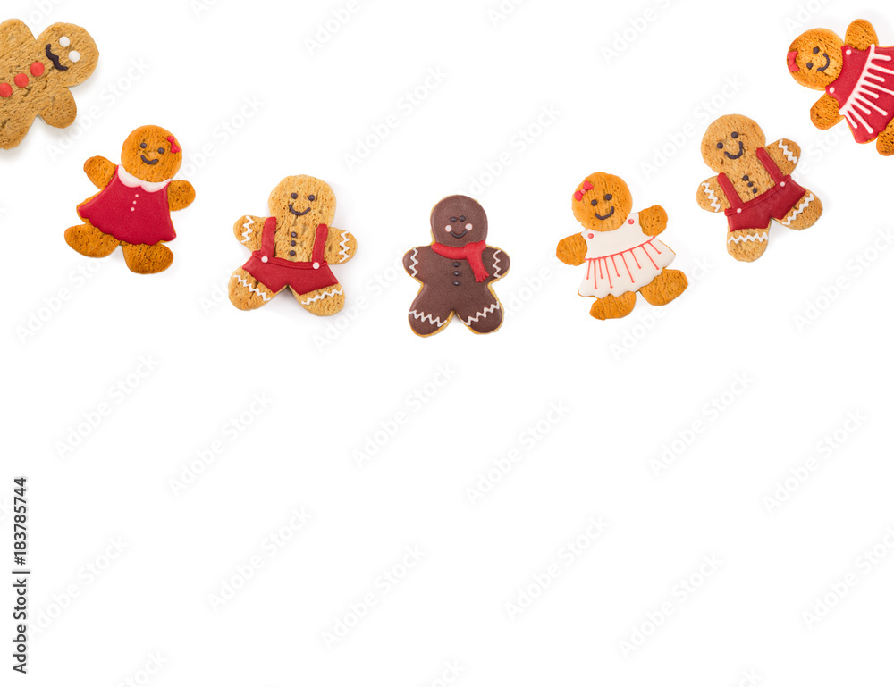 Fototapeta premium Delicious different Christmas cookies on white background. Poster concept. Empty place for text.