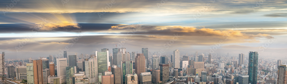 Amazing panoramic sunset view of Osaka skyline, Japan, All ads removed