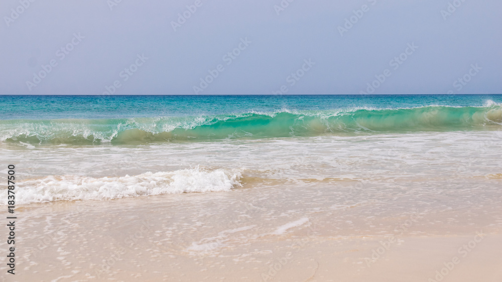 Waves crashing on Santa Monica Beach, 18km of sand at the south of Boa Vista, Cape Verde