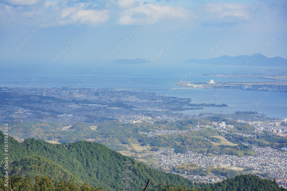 Aerial view of Lake Biwa and cityscape