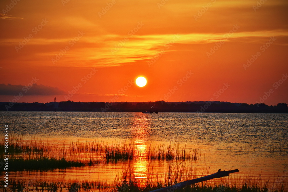 An orange beach sunset landscape with driftwood and reeds at Wilmington, North Carolina. 